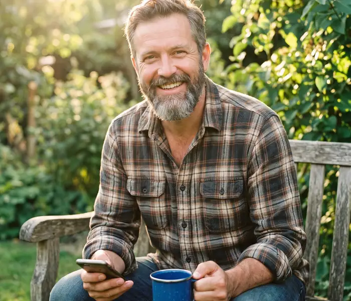 Freundlicher Ansprechpartner mit Kaffeetasse und Telefon auf einer Gartenbank