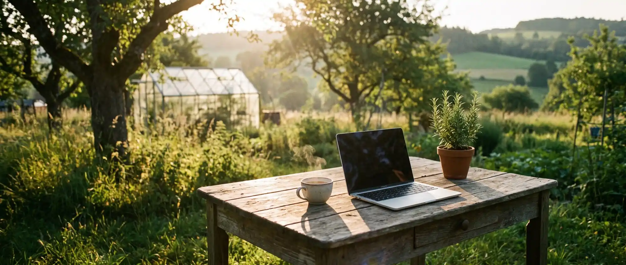 Holztisch mit Laptop in einem grünen Garten im Morgenlicht