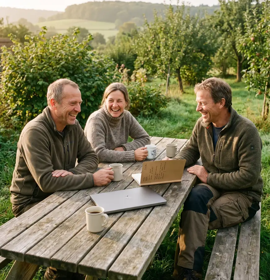 Drei Menschen sitzen lachend mit Kaffee, Laptop und Notizbuch an einem Holztisch im Grünen